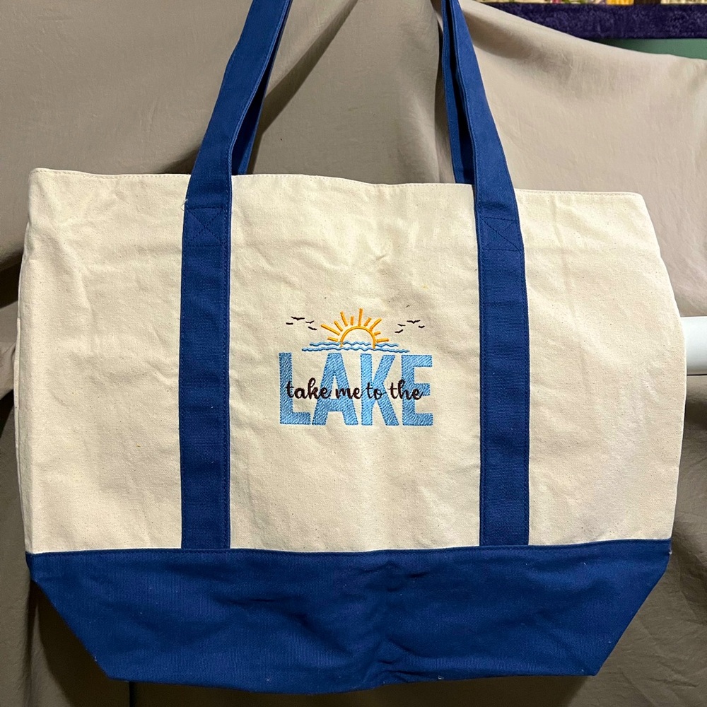 **SALE**. Large Canvas Tote Bag with Blue Handles